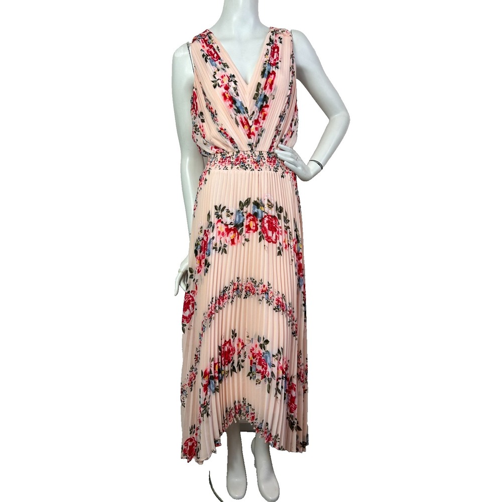 WHBM Maxi Plisse Dress Size 4 Pink Floral Chiffon V-Neck Sleeveless Zip EUC - Picture 13 of 15